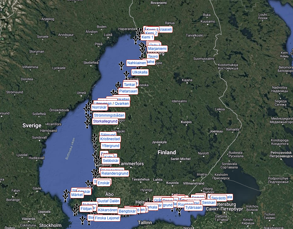 En karta över fyrar i finland