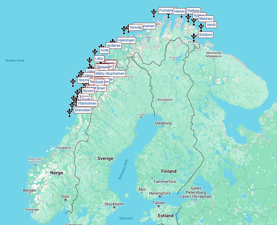 Karta över Norges fyrar